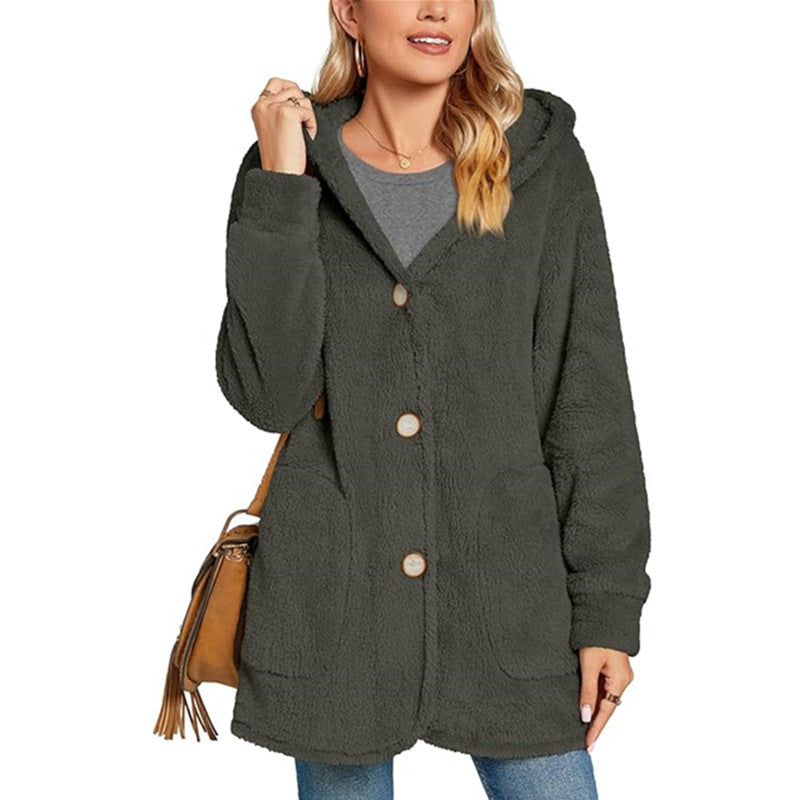 Plush Hooded Button Pocket Casual Coats GYOU CX826