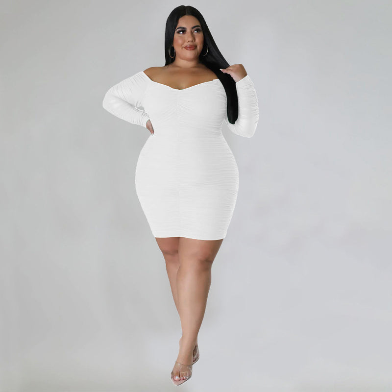 Plus Size Sexy Ruched Long Sleeve Bodycon Dress NNWF 7697