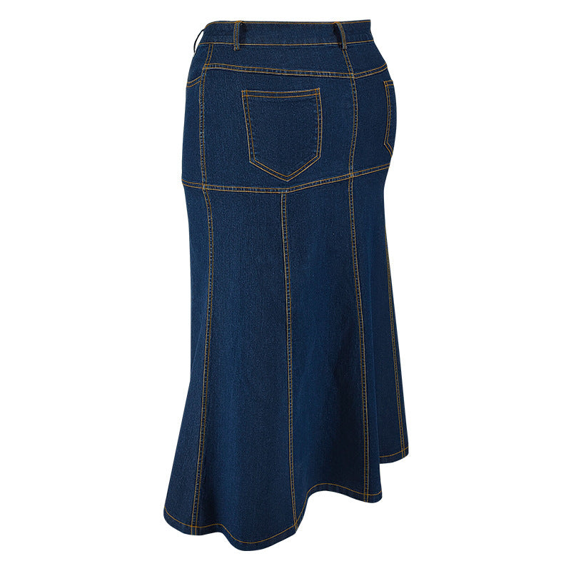 Plus Size Washed Zipper Denim Long Skirt GDAM 218630