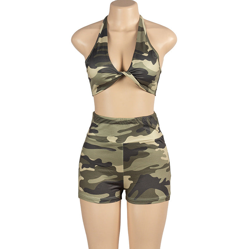 Sleeveless Halter Crop Tops And Shorts Two Piece Set GAXB A459ST