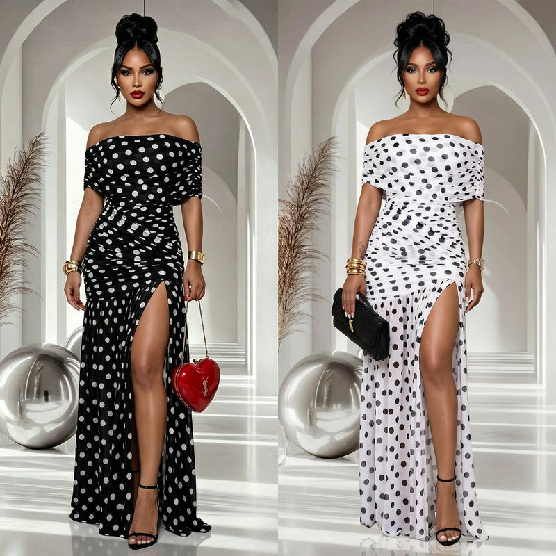 Polka Dot Print Off Shoulder Split Maxi Dress BY 7743