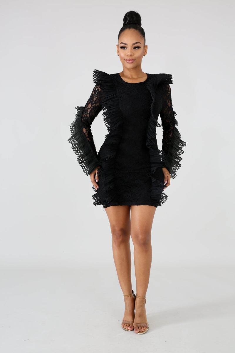 Long Sleeve Ruffles Bodycon Lace Dress LX 3081