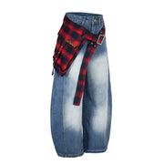 Plus Size Plaid Print Washed Straight Jeans GYLN 0738