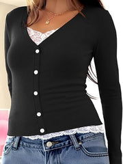 Fashion Lace Splice Long Sleeve Tops GYOU CX1031