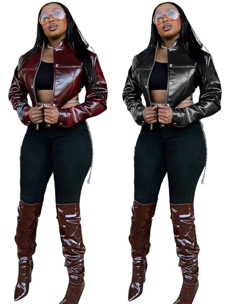 Long Sleeve Leather Short Coats YMEF 57075