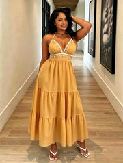 V Neck Halterneck Shell Tassel Maxi Dress GADE 11431