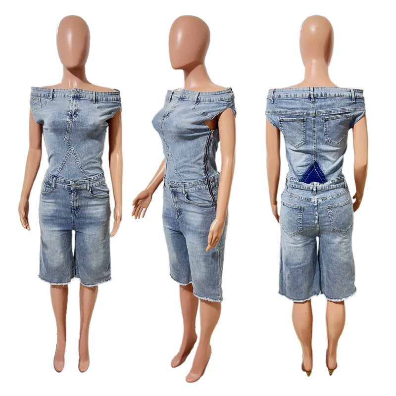 One Shoulder Sleeveless Denim Romper LX 6063