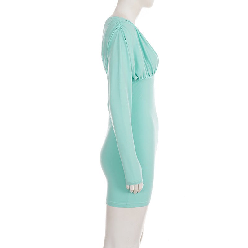 V Neck Ruched Long Sleeve Mini Dress GPKJ MR51063