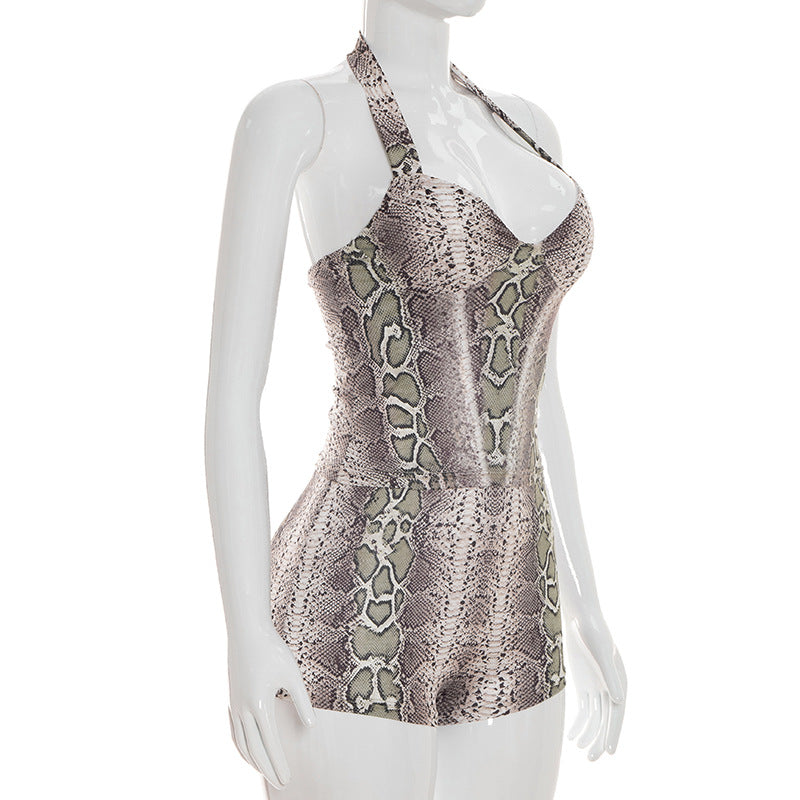 Snake Print Sleeveless Bodysuit 2 Piece Short Set GSZM C26ST073