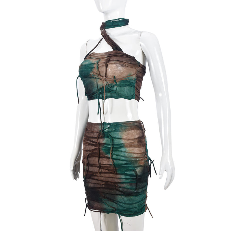 Tie Dye Holes Tassel Two Piece Skirts Set GNZD 51374SHD