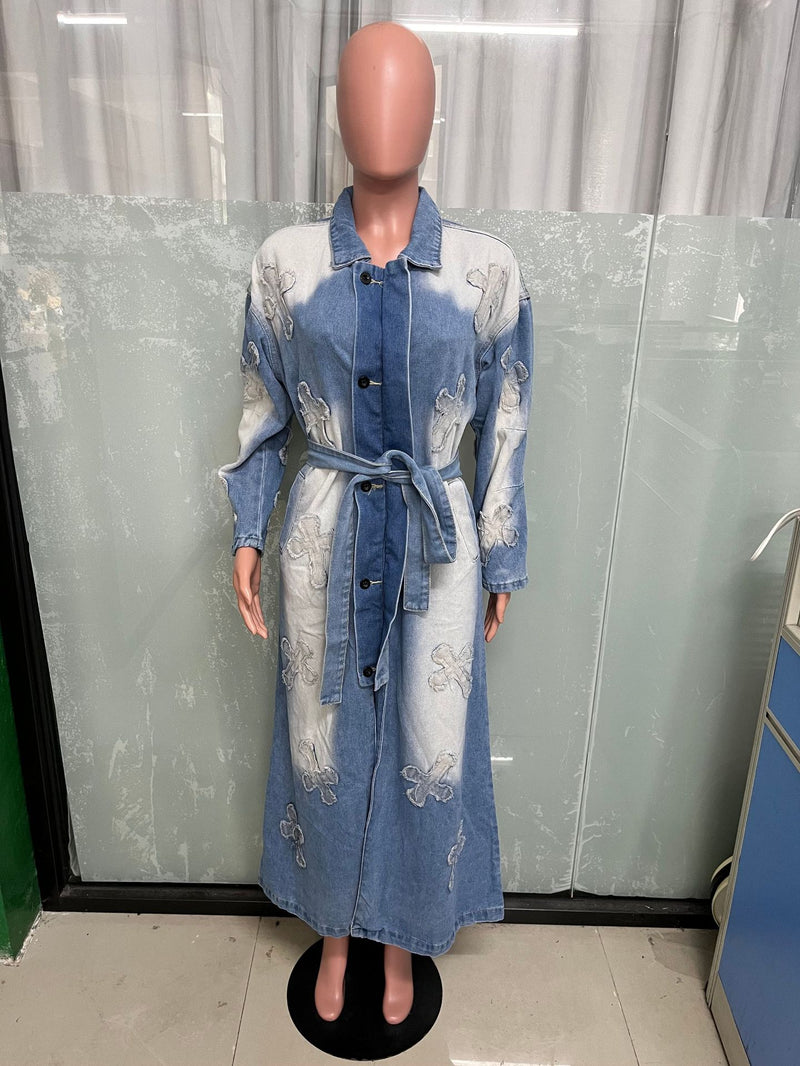 Fashion Denim Cross Embroidery Long Trench Coat LX 6033