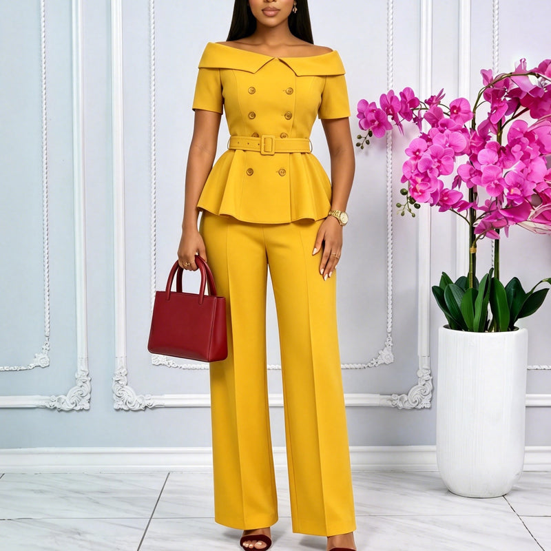 Plus Size One Shoulder Short Sleeve Two Piece Pants Set GATE 640