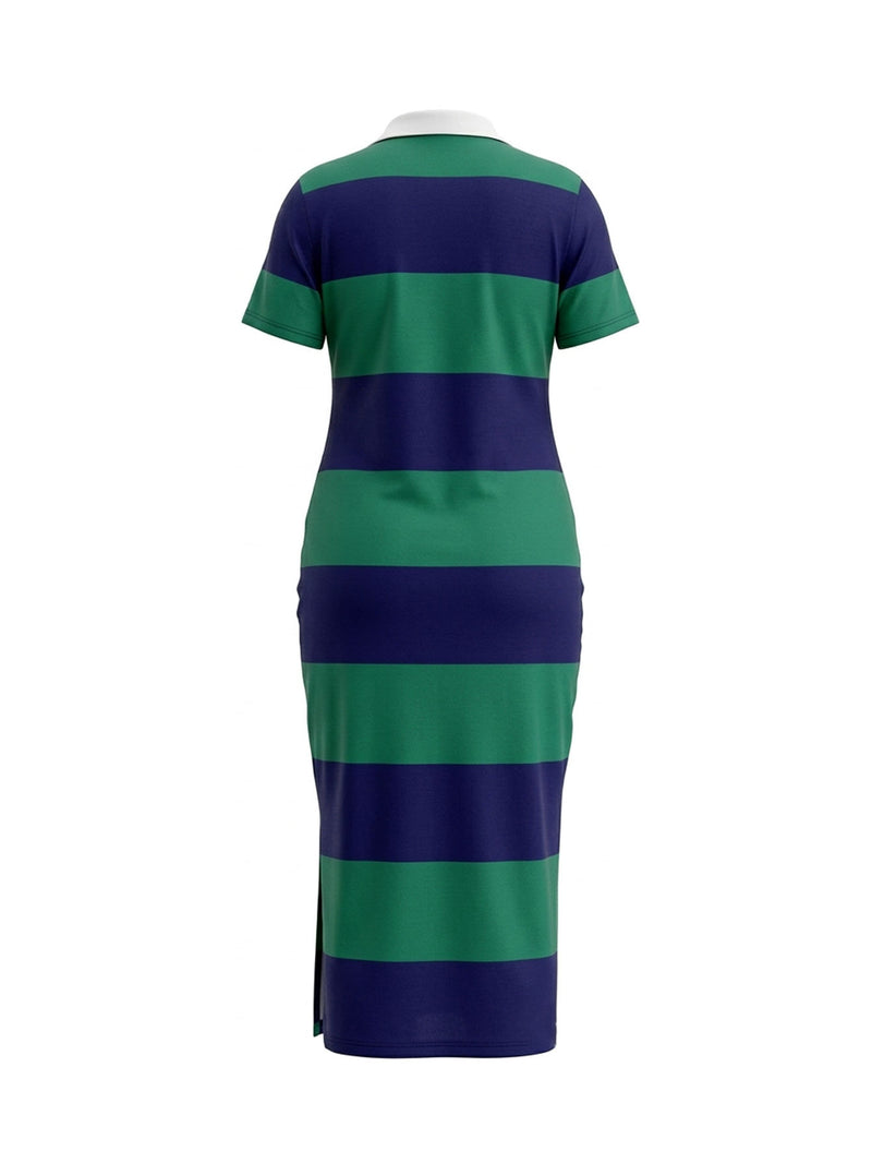Plus Size Contrast Color Lapel Neck Long Dress HNIF DJP006