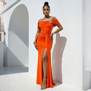 One Shoulder Solid Color Split Maxi Dress CYA 902371