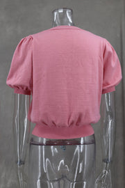 V Neck Short Sleeve Double Bow Solid Sweater GLYK LX045