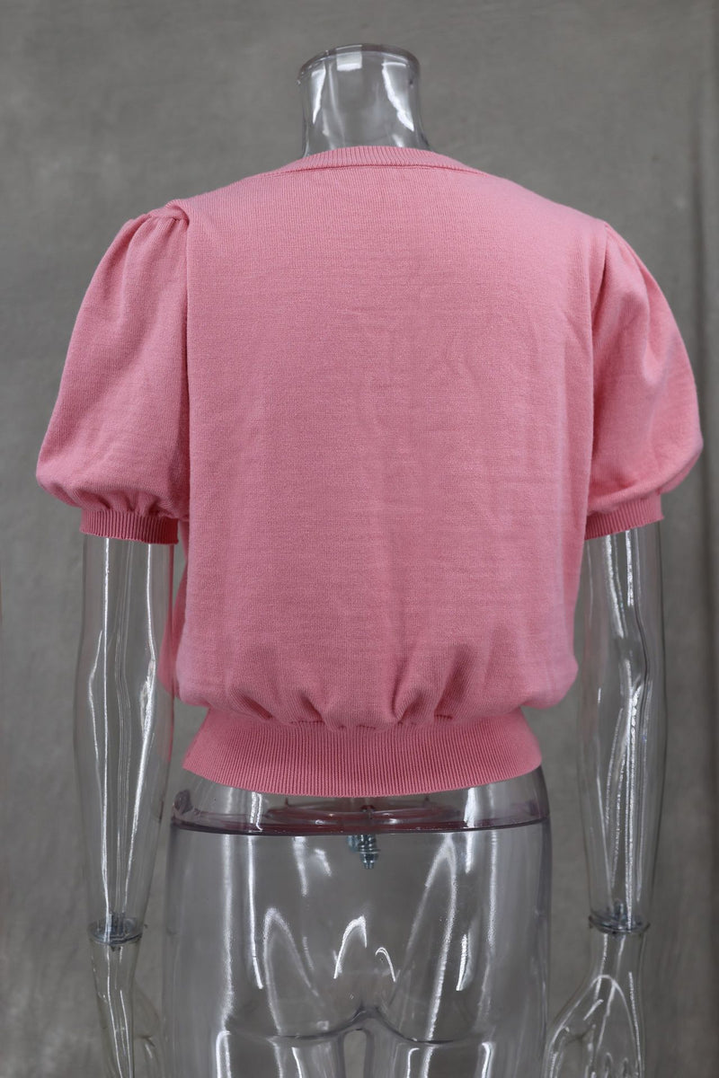 V Neck Short Sleeve Double Bow Solid Sweater GLYK LX045