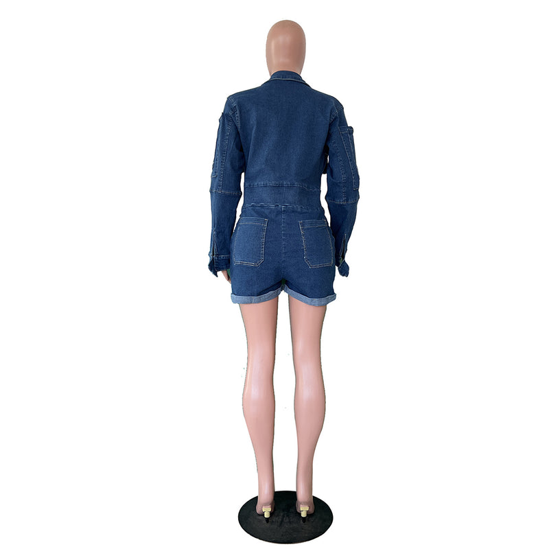 Casual Lapel Long Sleeve Denim Romper TR 1345