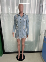 Fringed Single breasted Hole Long Denim Jacket LX 3562
