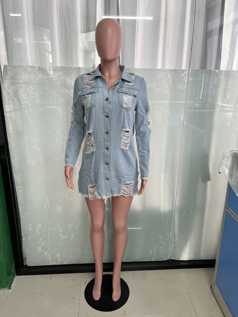 Fringed Single breasted Hole Long Denim Jacket LX 3562