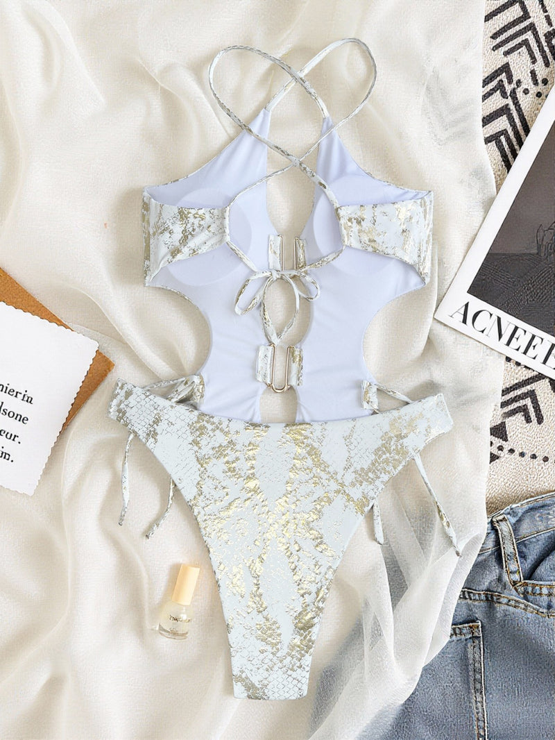 Print Tie Up Backless One Piece Swimsuit CASF 6796
