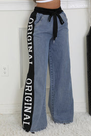 Splicing Woven Wide Leg Jeans YUMT YMT419