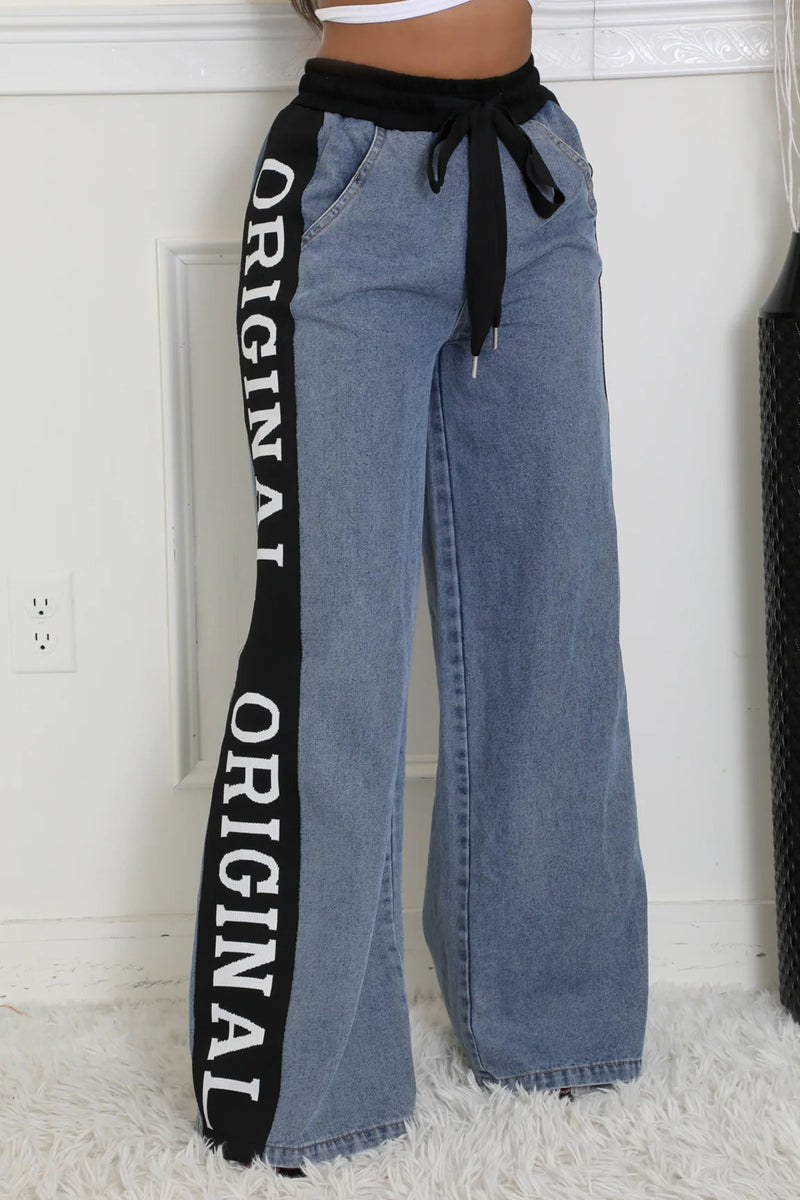 Splicing Woven Wide Leg Jeans YUMT YMT419