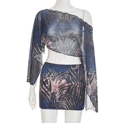 Mesh One Shoulder Long Sleeve Tight Skirt Suit GDSF D25ST403