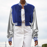 Color Block Short PU Leather Baseball Coat GSZM K23TP377
