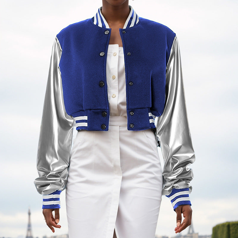 Color Block Short PU Leather Baseball Coat GSZM K23TP377