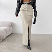 Solid Color High Waist Split PU Long Skirt GPBY 16562