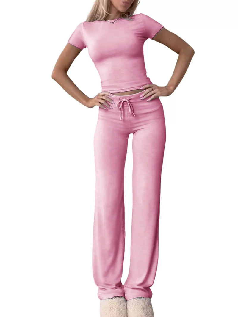 Solid Color Short Sleeve Sports Two Piece Pants Set GYWO 55007