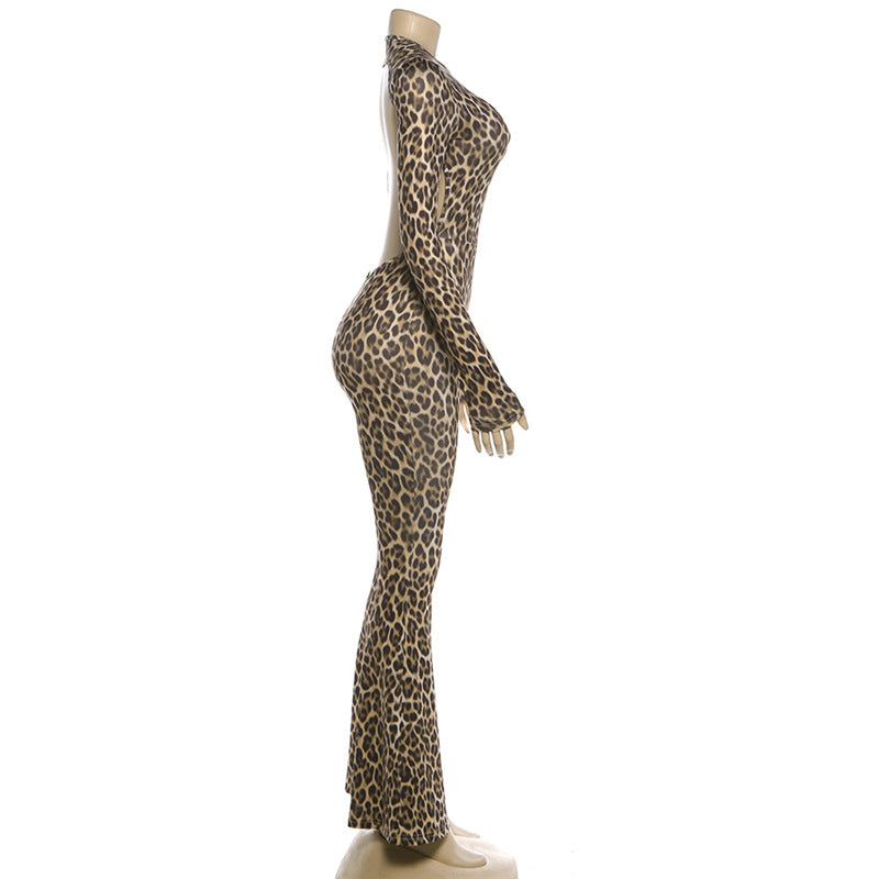 Leopard Print Long Sleeve Backless Jumpsuit GYME K6Q01512A