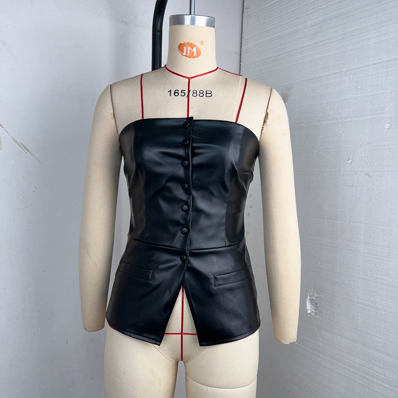 Sexy Single breasted PU Leather Tank Tops GPBY 17143
