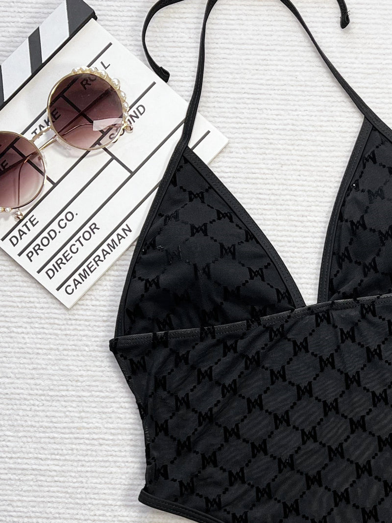 Mesh Patchwork Halterneck One Piece Swimsuit CSYZ G187W