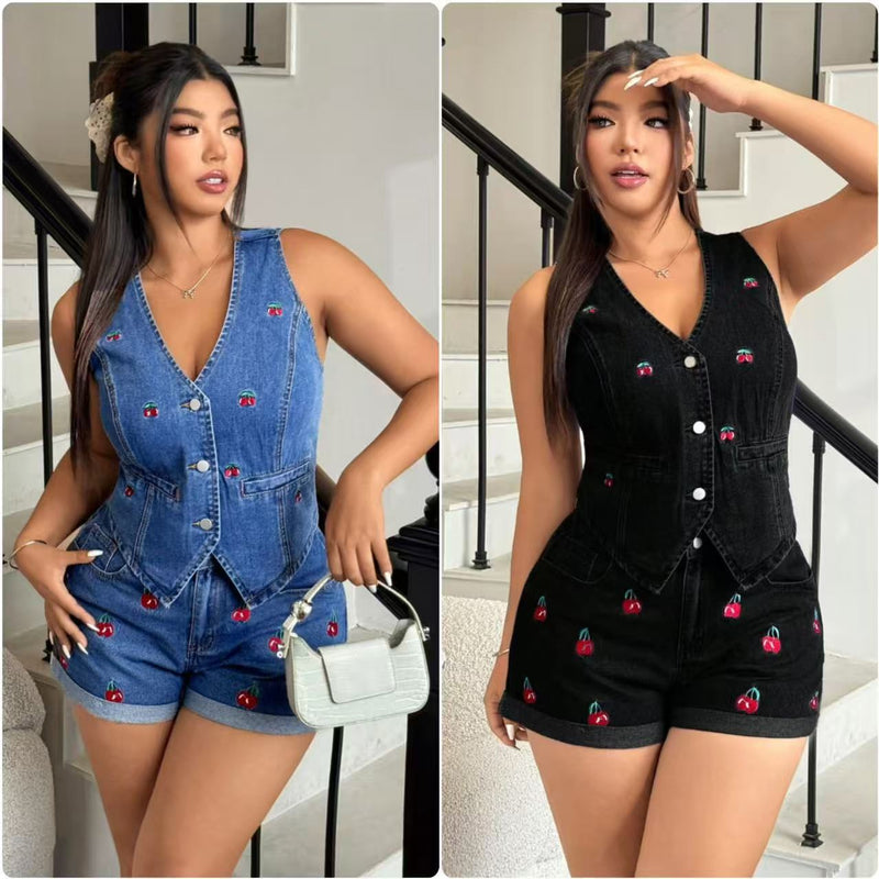 Plus Size Sleeveless Cherry Embroidered Vest Short Denim Suit GMYU 6765