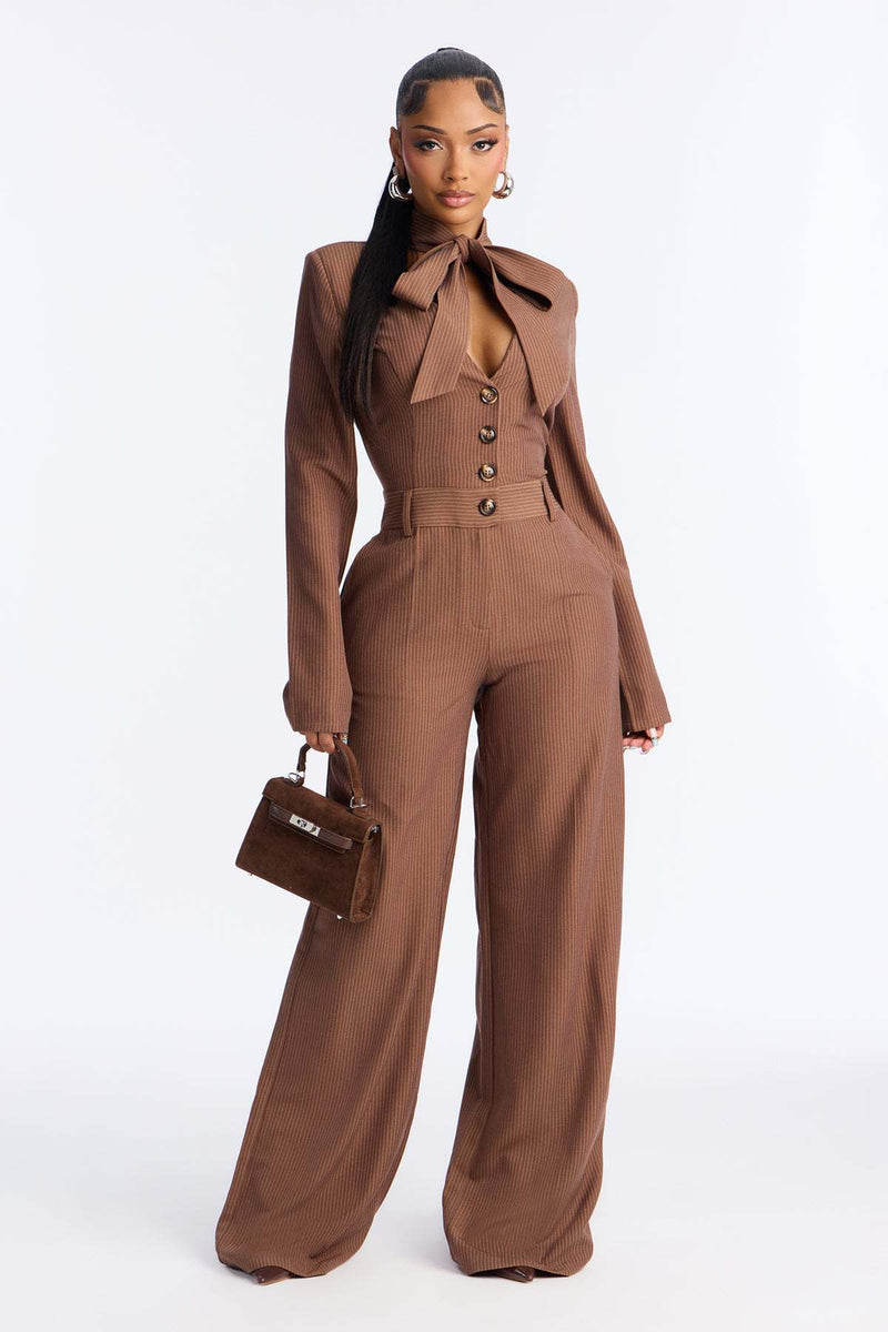 Solid Color Tie Up Bow Wide Leg Jumpsuit OSM 4496