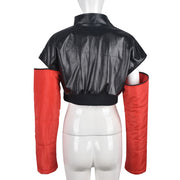 PU Leather Contrast Color Splicing Zipper Short Jacket GBTF 7307