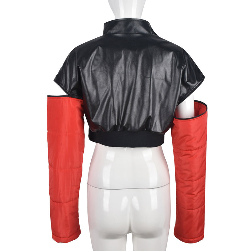PU Leather Contrast Color Splicing Zipper Short Jacket GBTF 7307