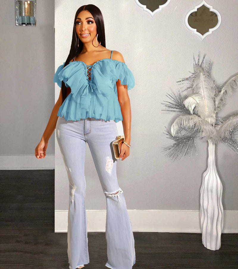Sexy Mesh Ruffles Off Shoulder Crop Tops LS 0280