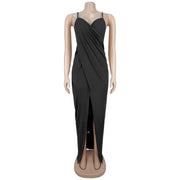 V Neck Cross Hollow Out Split Maxi Dress BY 7802