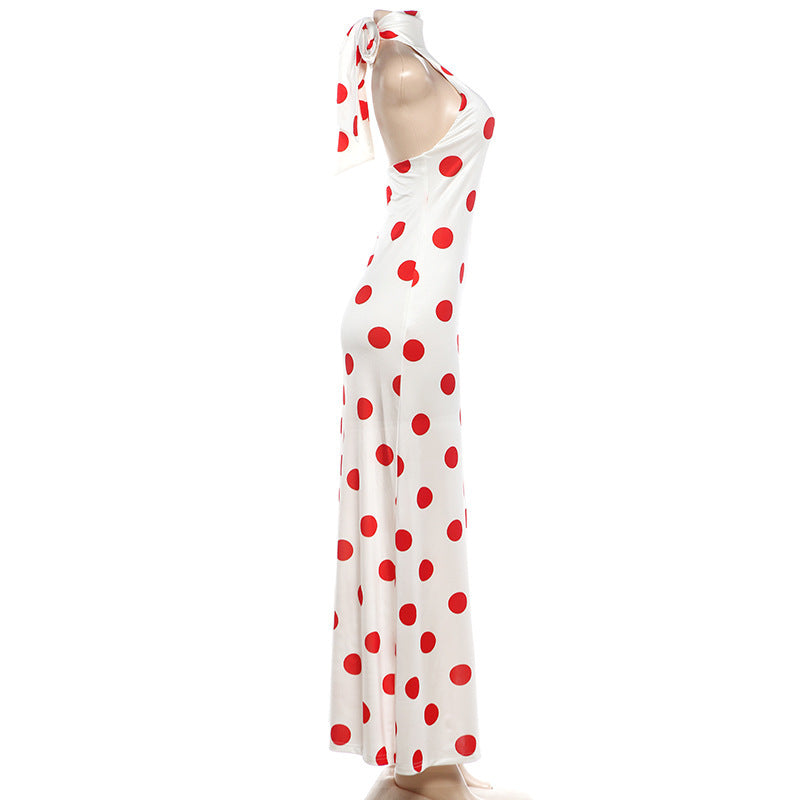 Sleeveless Polka Dot Printed Halterneck Maxi Dress DLSF K6D16498A
