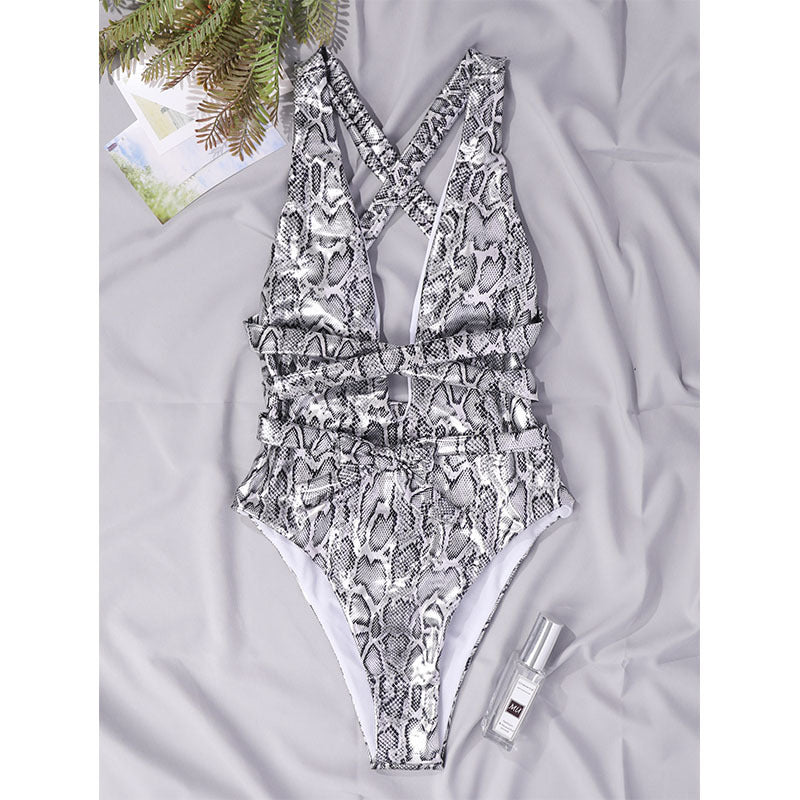 Snake Print Backless Tight One Piece Swimsuit DYSC DY3111194
