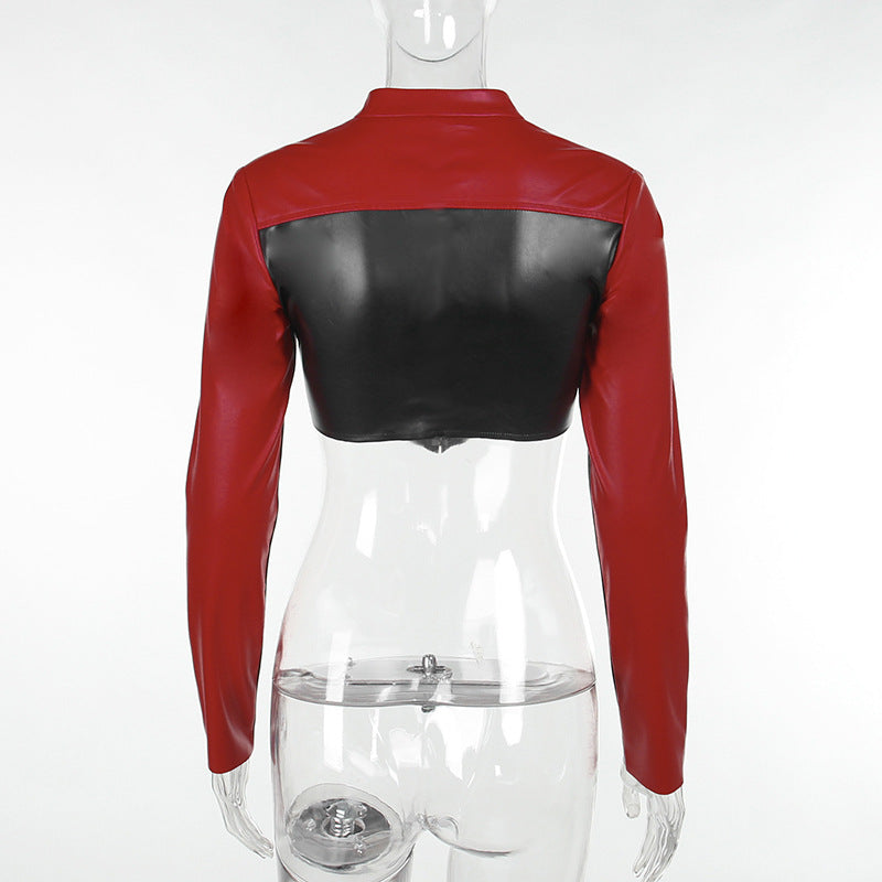 Fashion Contrast Color Short Leather Coat FL YY23427