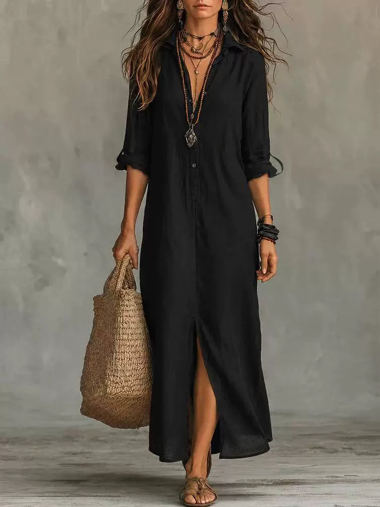 Short Sleeve Lapel Split Maxi Dress GWDS 260718