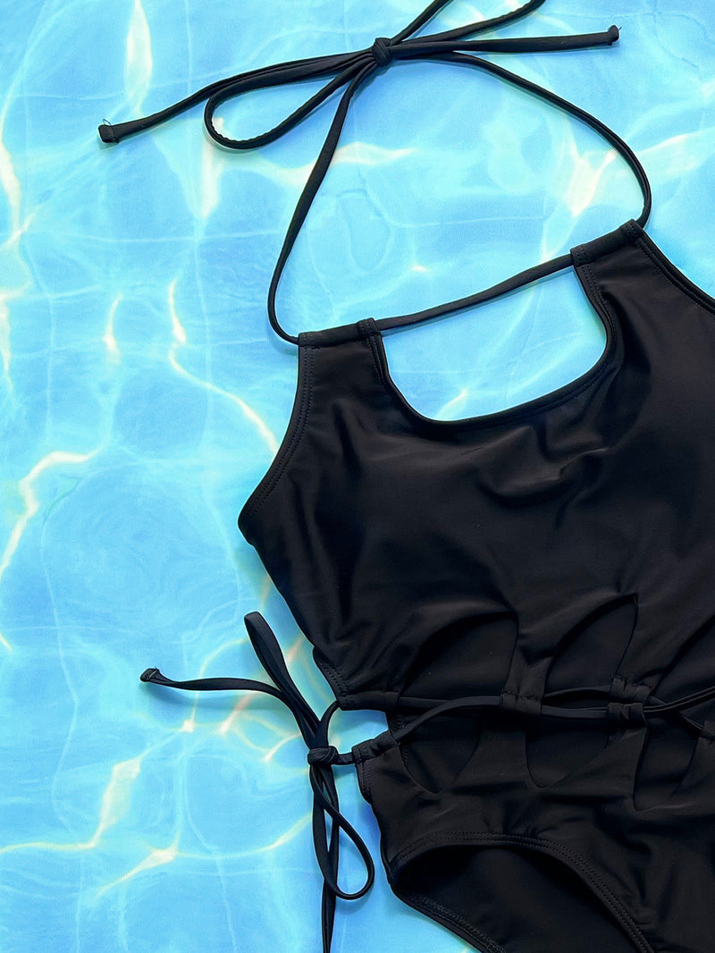 Solid Hollow Out Bandage One Piece Swimsuit CSYZ A09H