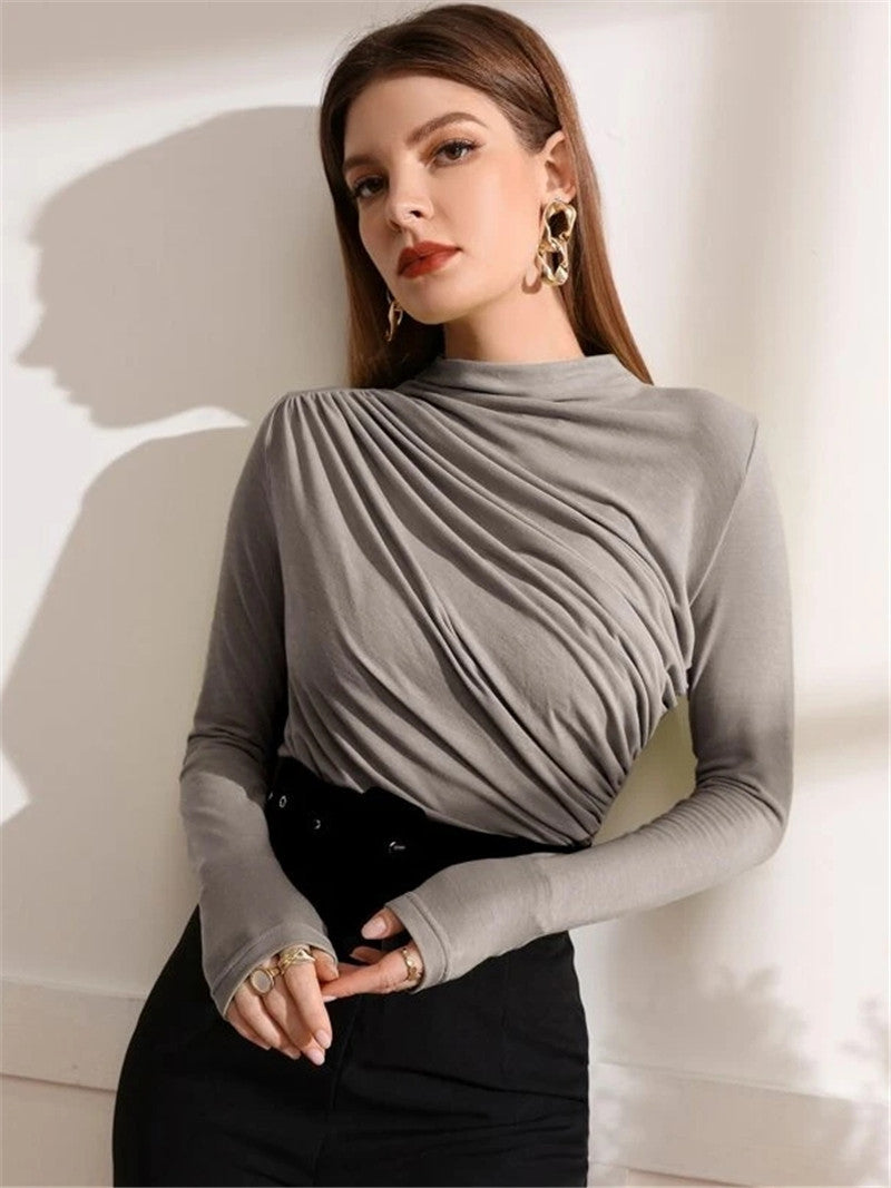 Pleated Solid Color T Shirt GZYF 1076