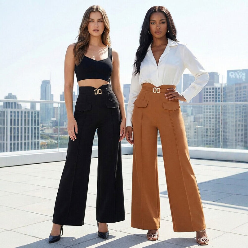 Metal Clasp Loose Straight Pants SH 391468