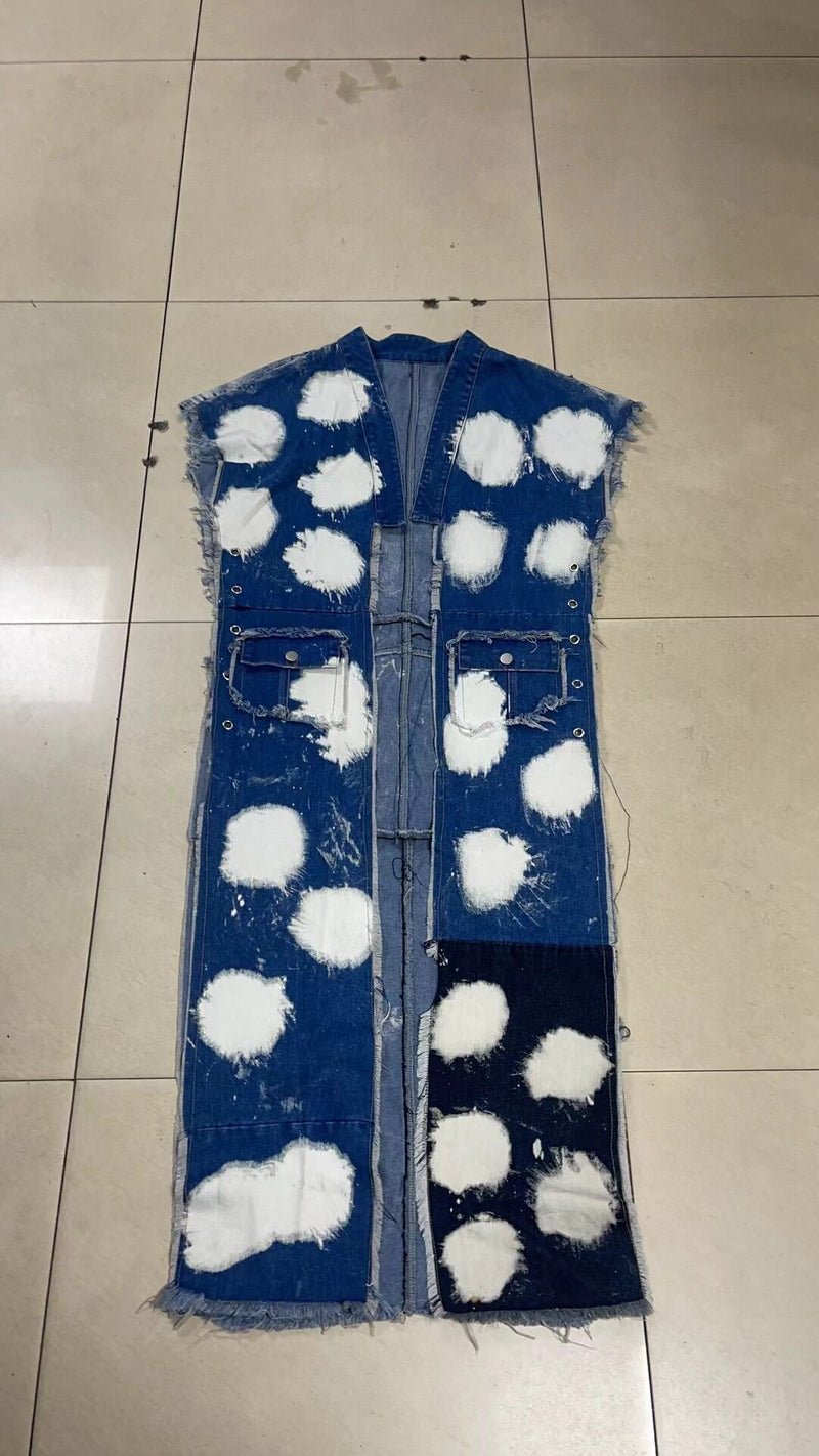 Fashion Chain Patchwork Sleeveless Denim Split Long Coat CM 8696