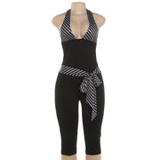 V Neck Patchwork Halterneck Tie Up Seventh Jumpsuit GZJQ K6Q05199A