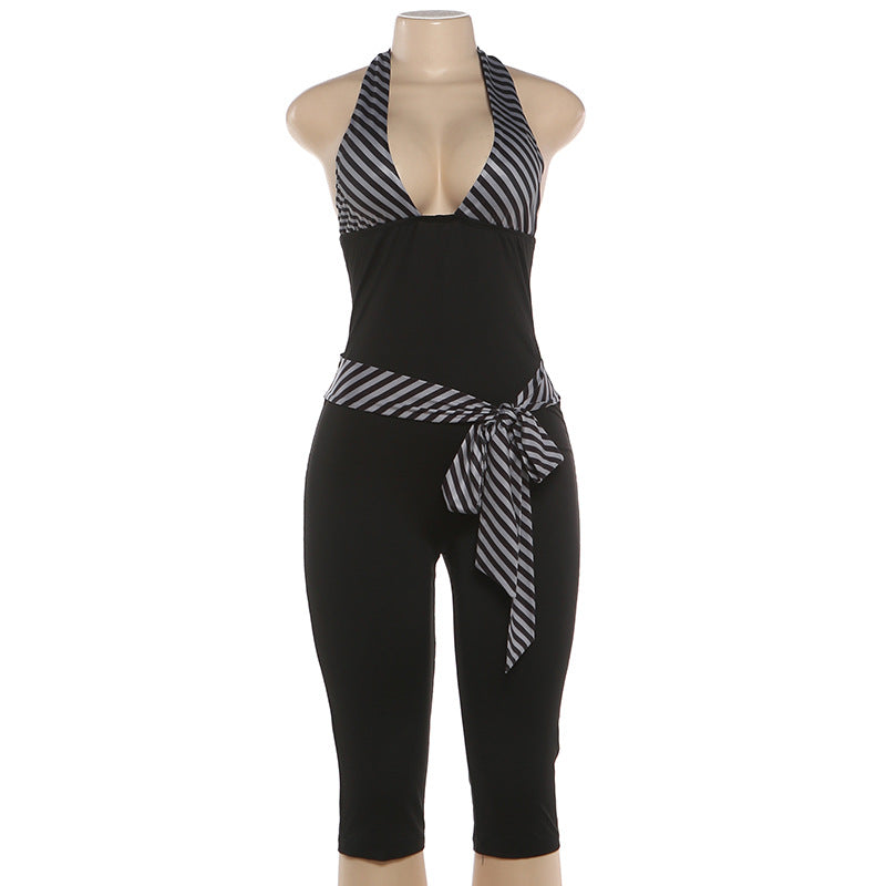 V Neck Patchwork Halterneck Tie Up Seventh Jumpsuit GZJQ K6Q05199A